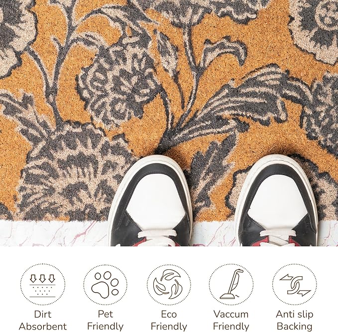 Coir Door Mat, Floral Print Entryway Floor Mats with Non-Slip PVC Backing, Indoor Outdoor Mat for Front Door Decor, Door Mat, Welcome Mats with Chelsea Flower Print, Gray, 30”x 17”
