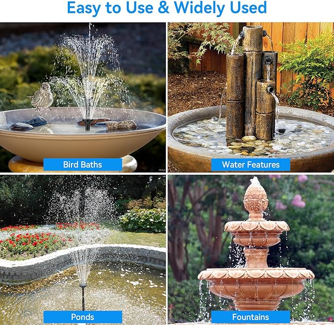 POPOSOAP 6.5W Solar Fountain Pump for Bird Bath Built-in 3000mAh Battery Backup, DIY Solar Water Fountain with Double-Layer Nozzles & Dry-Run Protection 5Ft Tubing for Ponds, Bird Bath, Water Features