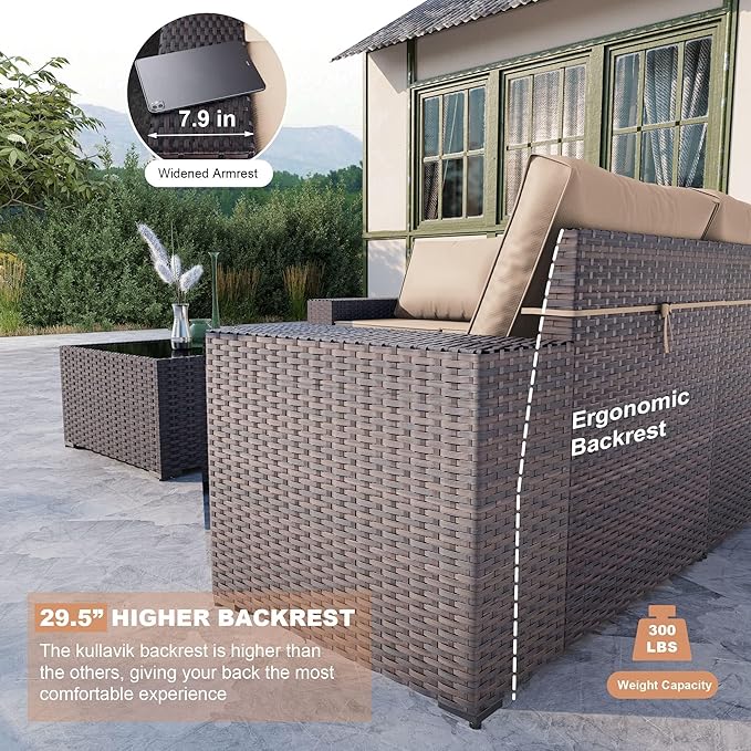 Kullavik 9 Pieces Outdoor Patio Furniture Set,PE Wicker Rattan Sectional Sofa Patio Conversation Sets with Tempered Glass Table,Swivel Rocking Chairs Set,Sand