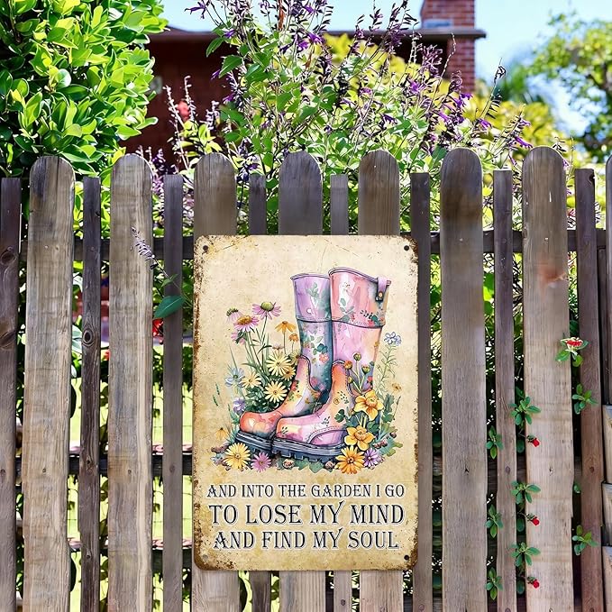Garden Metal Tin Sign 8x12 Inch, Vintage Floral Rain Boots Wall Decor with Inspirational Quote Into the Garden I Go, Rustic Farmhouse Gardening Sign, Shed Patio Porch Outdoor Bar Cafe Wall Decoration