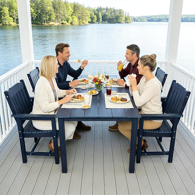 Poly Lumber Patio Dining Set, HIPS Outdoor 70.9-Inches Dining Table and Slat Back Chairs, with Umbrella Hole, Weather Resistant (Navy Blue, 5 Piece)