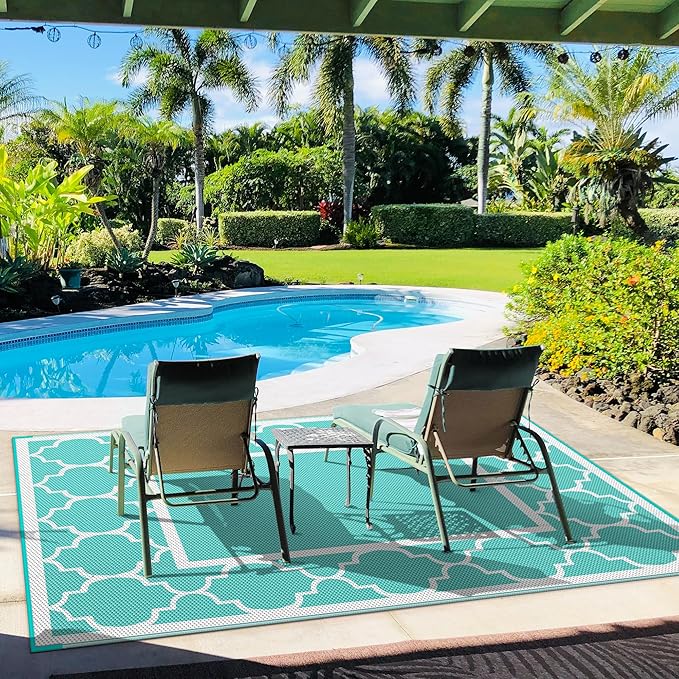 GENIMO 5 ' x 8 ' Outdoor Rug for Patio Clearance, Waterproof Indoor Outdoor Plastic Straw Rugs Carpet, Reversible Outside Area Mat for Camping, Balcony Porch, Deck, Picnic, Beach Aqua Blue & White