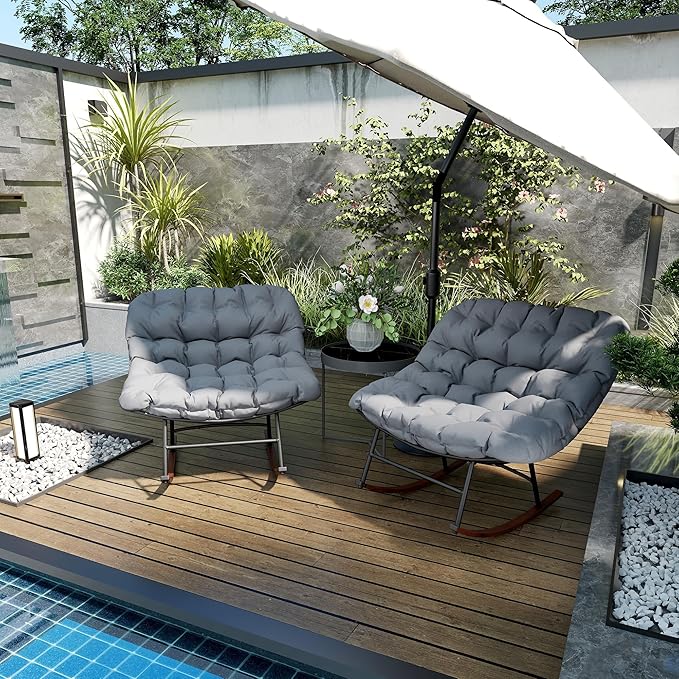 Outsunny Outdoor Rocking Chair Set of 2, Oversized Rocking Papasan Chairs with Cushions, Steel Frame, Comfy Outdoor Rockers for Patio Porch Lawn Garden, Gray