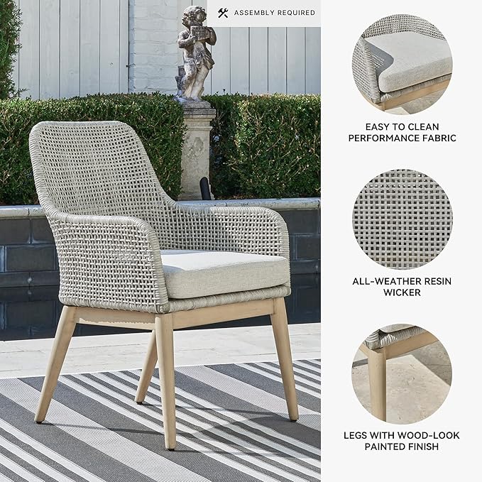 Signature Design by Ashley Seton Creek Cottage Nuvella Weather Resistant Fabric Outdoor Dining Arm Chair with Cushion, Set of 2, Light Brown & Light Gray