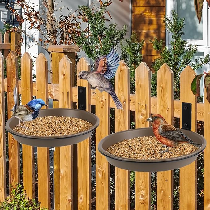 2 Pack Fence Bird Feeder Bath Tray for Outside, 8.4'' Plastic Wild Bird Bath Bowl with Metal Holder for Wood Post, Heavy Duty Wall Tree mounted Pet Squirrel Water Feeder Station Outdoor Garden