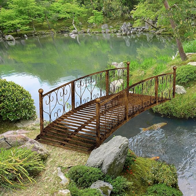 Outsunny 7' Metal Arch Garden Bridge with Safety Siderails, Decorative Arc Footbridge with Delicate Scrollwork S Motifs for Backyard Creek, Stream, Fish Pond, Bronze