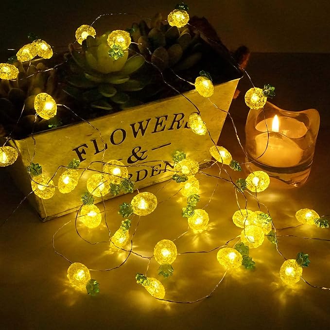 Decorman Pineapple String Lights 14ft 40 LED 8 Modes Warm White Weatherproof Battery Operated Decorative Lights for for Bedrooms Parties Weddings Gardens with Remote and Timer