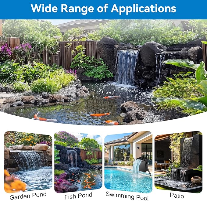 POPOSOAP Pond Waterfall Spillway with LED Lights, 304 Stainless Steel Waterfall Kit with Filtration & 9.8FT Tubing, 660GPH Pond Pump Fountain Kit for Outdoor Garden, Patio, 13.4" H x 8"W-P432D