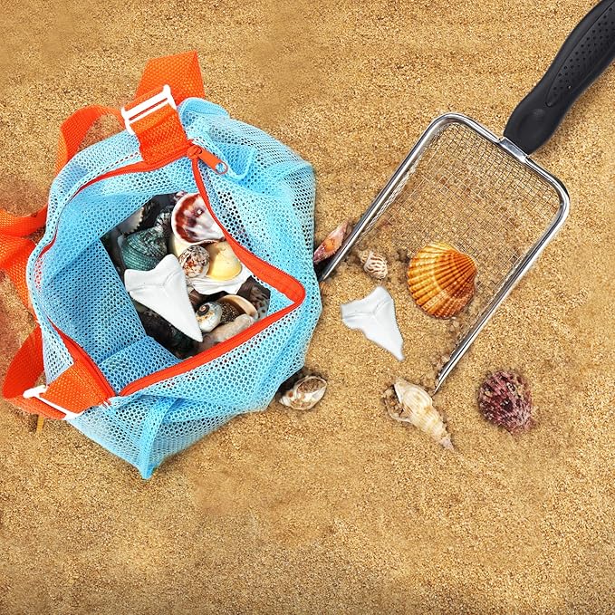 2 PCS Beach Mesh Shovel with 2 PCS Mesh Beach Bag for Filter Sand, Kids Shell Collecting Scooper for Picking Up Shells, Shark Tooth Sifter for Boys and Girls, Beach Toy