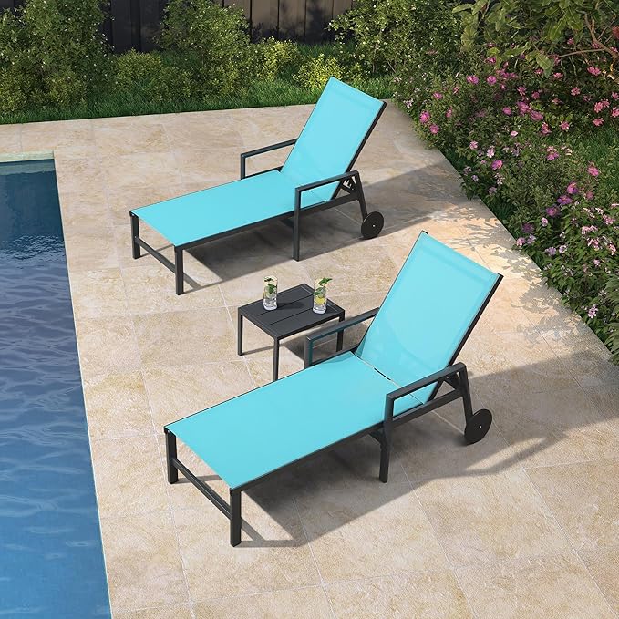 PURPLE LEAF Patio Chaise Lounge 4 Pieces Aluminum Recliner Chair with Wheels and Armrests Lounger for Deck Pool Turquoise Blue Outdoor Lounge Chair