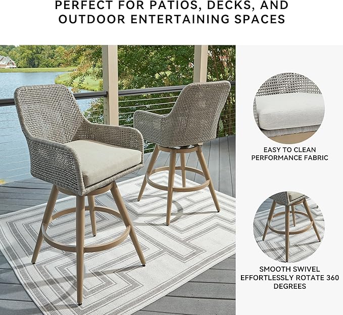 Signature Design by Ashley Seton Creek Casual Nuvella Weather Resistant Fabric, Resin Wicker Swivel Outdoor Bar Height Bar Stool with Cushion, Footrest and Armrest, Set of 2, Beige & Light Gray