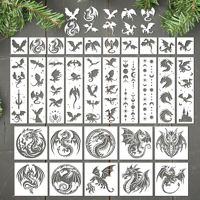 Keluna Dragon Stencils for Painting - 30 Pcs Reusable Pterosaur Moon Star Crafts Templates Dragon Themed Stencils for Painting onWood Wall DIY Art Craft Canvas Fabric Home Décor
