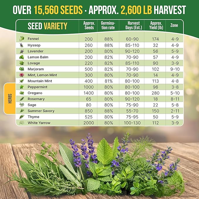 Organo Republic 30 Medicinal Tea Herb & Flower Seeds Variety Pack - 13600+ Non-GMO Heirloom Flower Seeds for Outdoor & Indoor Garden, Including Bergamot, Catnip, Calendula, Dandelion, Lovage, Zinnia
