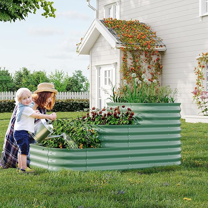 Galvanized Raised Garden Bed Kit - 61x42x31 in Outdoor Planter Box for Vegetables, Herbs, Flowers. Modular 3-in-1 Raised Garden Beds Outdoor with Open Base, Garden Box for Deep Root Growth, Green