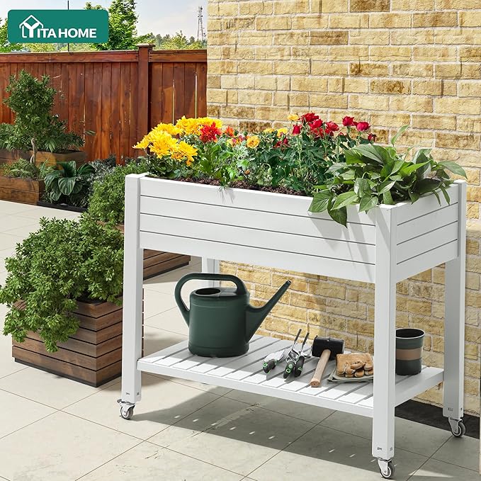 YITAHOME 3.6x1.5x2.8 FT Elevated Garden Bed Kit with Legs and Wheels, Outdoor Large Resin Planter Box Stand with Drain Plug and Storage Shelf for Plants Vegetables Fruits, Grayish-White