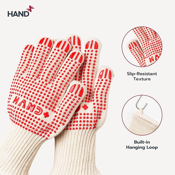 Hand+ Heat Resistant Oven Gloves (Size S/M) 932°F / 500°C for BBQ Baking Cooking Smoker Fireplace Camping with Silicone Grip Thermo Dot Level 4 EN407 Certified