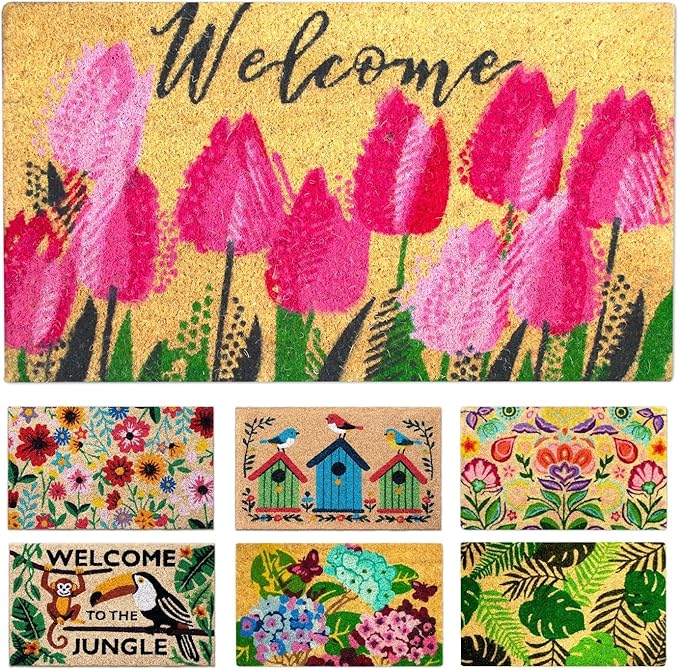 Coir Doormat, Front Door mats Outdoor, Funny Welcome mat Outdoor, Front Door mat for Home Entrance, Door mat Outside Entrance, Welcome mat Indoor 16"x27.5" (Tulips)