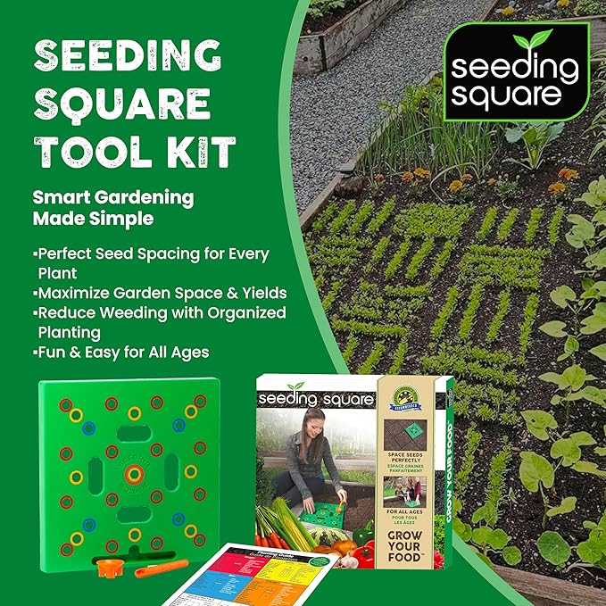 Seeding Square - Patented Seed and Seedling Spacer Tool for Bigger Harvests, Organized Plants & Fewer Weeds – Color-Coded Gardening Template with Dibber, Seed Spoon, Ruler & Planting Guide