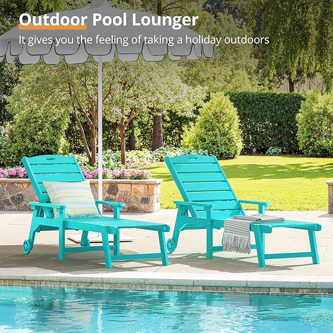 LUE BONA Outdoor Chaise Lounge Chairs Set of 2, HDPS Chaise Lounger, 5 Positions Adjustable Lounge Chairs, Pool Lounge Chair with Wheels for Poolside, Aruba Blue