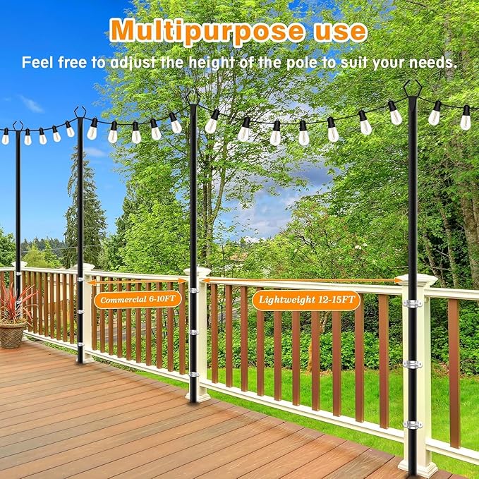 LETIANPAI 10Ft String Light Poles 4 Pack,Light Poles for Outside Lights,Outdoor with Fence Brackets Hanging Lights,Metal Stand Deck Patio Backyard (6 Pack 10FT)