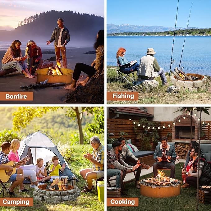 24" Extra Thickened Corten Steel Fire Pit Ring for Outdoor Wood Burning, Heavy-Duty Above & In-Ground Fire Ring, Round Backyard Patio Campfire Accessory for Family Gathering