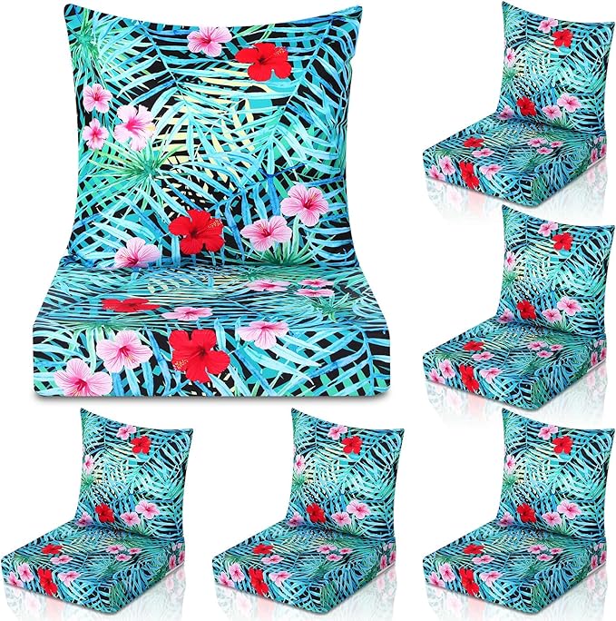 Hoteam 6 Set Outdoor Chair Patio Cushions Deep Seat Waterproof Chair Cushions 20 x 20 Inch for Patio Furniture Set Replacement Removable Seat and Back (20 x 20 Inch,Tropical Plant)