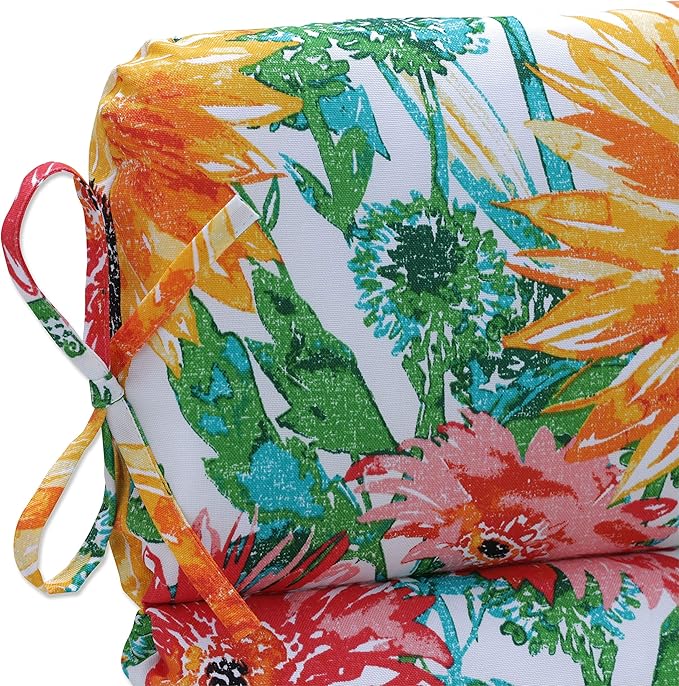 Pillow Perfect Bright Floral Indoor/Outdoor 1 Piece Split Back Chair Cushion Set With Ties, 1 Count, 40.5" x 21", Yellow/Green Sunflowers