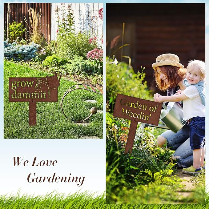 Shimeyao 2 Pcs Christmas Rustic Grow Dammit Garden Sign and Garden of Weedin' Sign Stake Funny Gardening Gifts Outdoor Metal Vegetable Gardening Decor for Men Women Mom Dad Gardener, 18.5" H