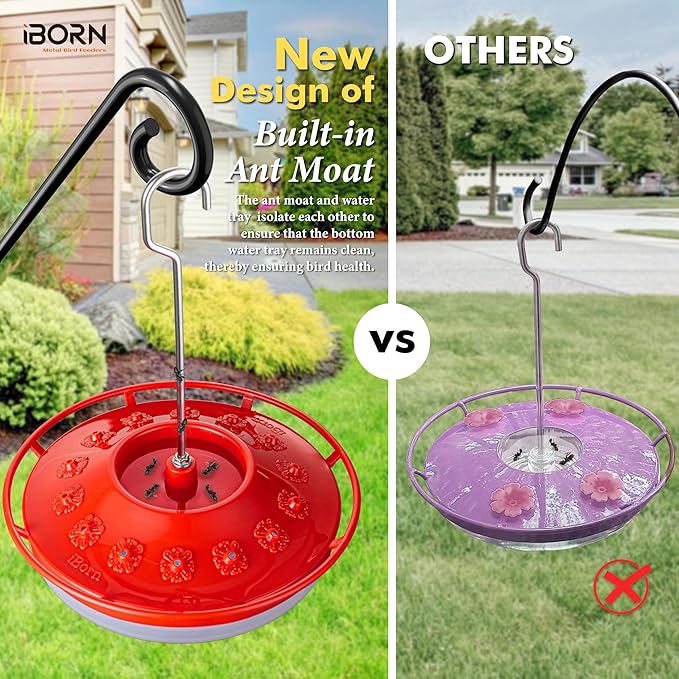 iBorn Hummingbird Feeders for Outdoors Hanging,Bee Proof Hummingbird Feeder with 14 Feeding Ports,13 OZ Saucer Humming Bird Feeders with Ant Moat,Ant Proof No Leak,Easy to Clean and Refill,Red,1 Pack