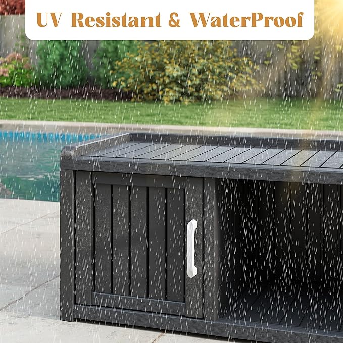 KAMABOKO Shoe Storage Cabinet Waterproof UV-Resistant, Entryway Storage Bench Indoor Outdoor with 2 Doors, Adjustable Shelves for Entryway, Bedroom, Hallway,Living Room(Black)