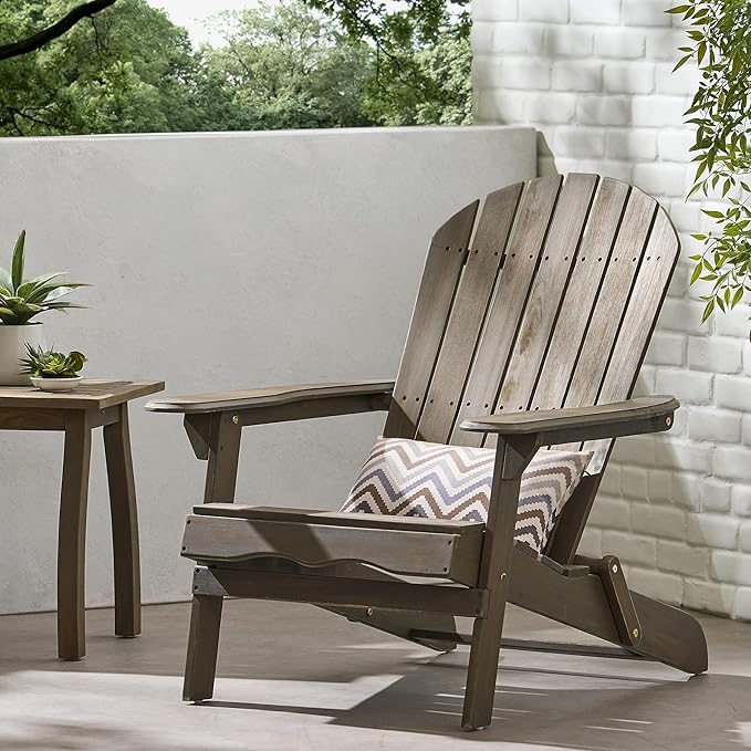 Merax Folding Adjustable Acacia Wood Adirondack Chairs, Water Proof Outdoor Wooden Fire Pit Lounge Reclining Chair for Yard, Garden, Patio, Gray