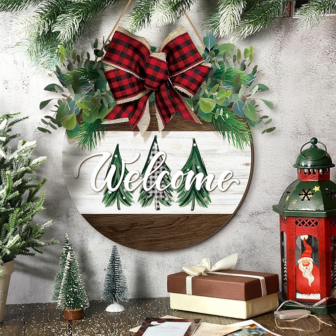 Boao Christmas Door Decorations Wooden Merry Christmas Welcome Front Door Sign Hanger with Red Buffalo Plaid Bow Xmas Wreaths for Outdoor Porch Farmhouse Decor