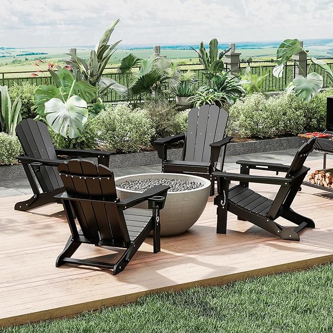 Domi Folding Adirondack Chairs Set of 4, HDPE All-Weather Outdoor Chairs with Cup Holder, Wooden Textured Fire Pit Chairs for Backyard, Patio, Poolside & Deck, Black