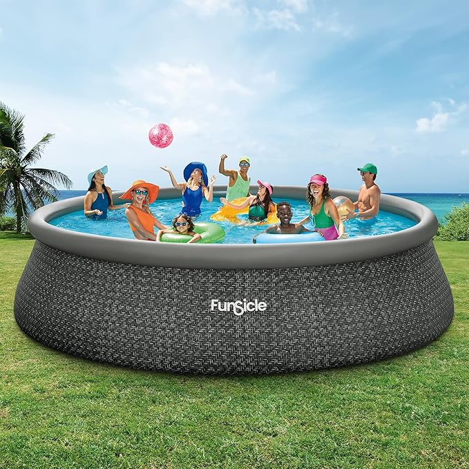 Funsicle Quickset Designer 18' x 48" Round Above Ground Swimming Pool, with FiltraBoost 1200 GPH Filter Pump, Ladder, Type C Filter Cartridge & Repair Patch, Dark Herringbone