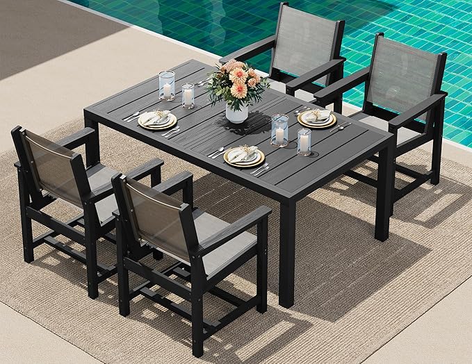 SERWALL 5-Piece Outdoor Table and Chairs, 60" - 83" Expandable Outdoor Dining Table with 4 Breathable Textilene Chairs, All Weather HDPE Patio Furniture Set for Backyard, Garden, Black