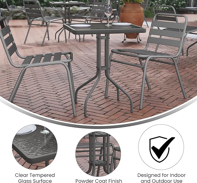 Flash Furniture TLH-0731SQ-017CSV2-GG Lila 23.5'' Square Glass Table with 2 Metal Aluminum Slat Stack Chairs, Silver