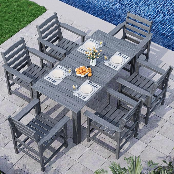 Outdoor HDPE Dining Table Set, 7-Piece Outdoor Dining Table Sets, Wood Grain Patio Furniture Sets with Umbrella Hole for Porch, Backyard, Gray