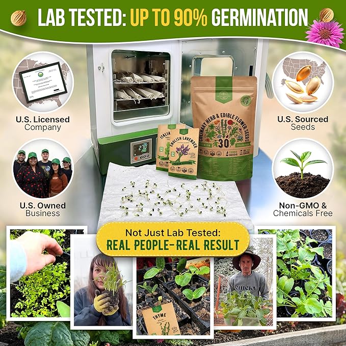Organo Republic 30 Culinary Herbs & Edible Flower Seed Variety Pack- Indoor/Outdoor. 14000+ Non-GMO Heirloom Flower Seeds: Basil, Borage, Echinacea, Lavender, Oregano, Rosemary Seeds & More