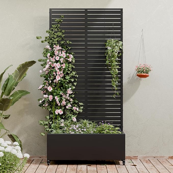 Casaphoria Metal Raised Garden Bed with Trellis and Wheels, 72"x35"x16" Planter Box for Climbing Plants, Vegetables & Vines, Features Drainage Holes and Privacy Screen (Black-Louvered)
