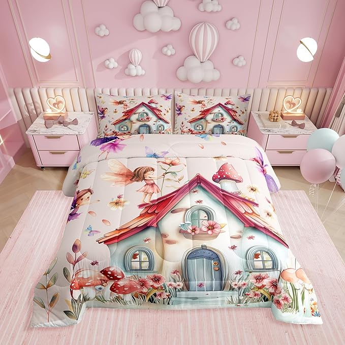 Erosebridal Floral Fairy King Comforter Set,Dreamy Fairy Garden Bedding Sets for Girls Kids,Cute Mushroom Butterfly Quilt Bed Set,Kawaii Girly Flower Bedroom Decor,2 Pillowcases All Season