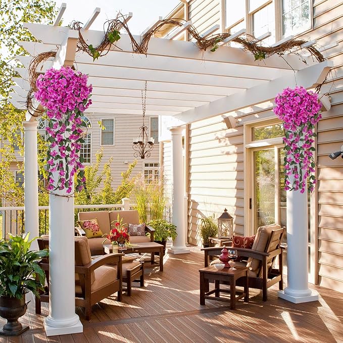 Ouddy Decor 4 Pcs Artificial Hanging Flowers Fake Hanging Plants Violet Flowers Vine Garland for Indoor Outdoor Garden Patio Yard Porch Home Wedding Decoration, Fuchsia