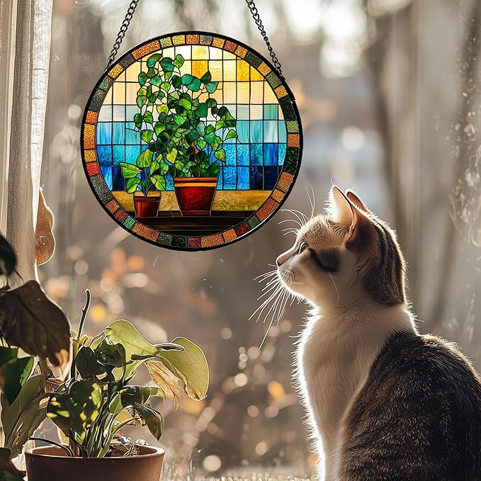 Stained Glass Window Hanging Green Potted Plants 7.8" - Suncatcher Door Garden Sun Catcher Retro Home Decor Birthday Christmas for Mom Men Woman Nana Friend