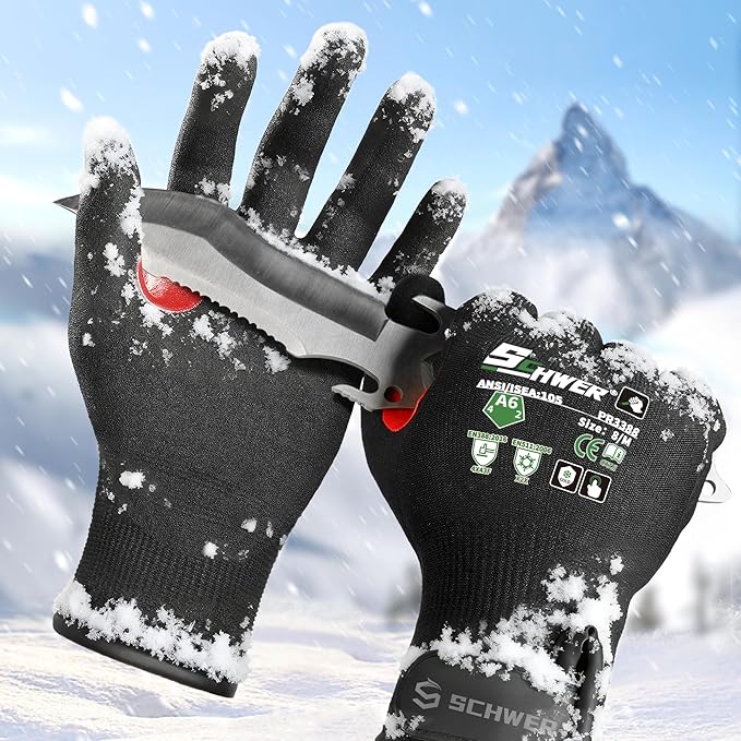 FreezeGuard Winter Work Gloves for Men and Women, ANSI A6 Cut Resistant Gloves With Super Grip, Freezer Glove for Work, Touchscreen, Thermal Insulated, PR3388, Non PFAS, Black Knight (M, 1 Pair)
