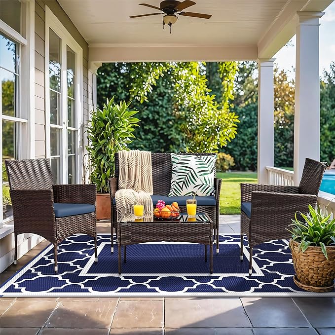GENIMO 4' x 6' Outdoor Rug Waterproof for Patio Decor, Foldable Reversible Plastic Straw Area Rugs Mat for Camper, Outside Carpet for Rv, Deck, Porch, Picnic, Beach, Balcony, Blue & White