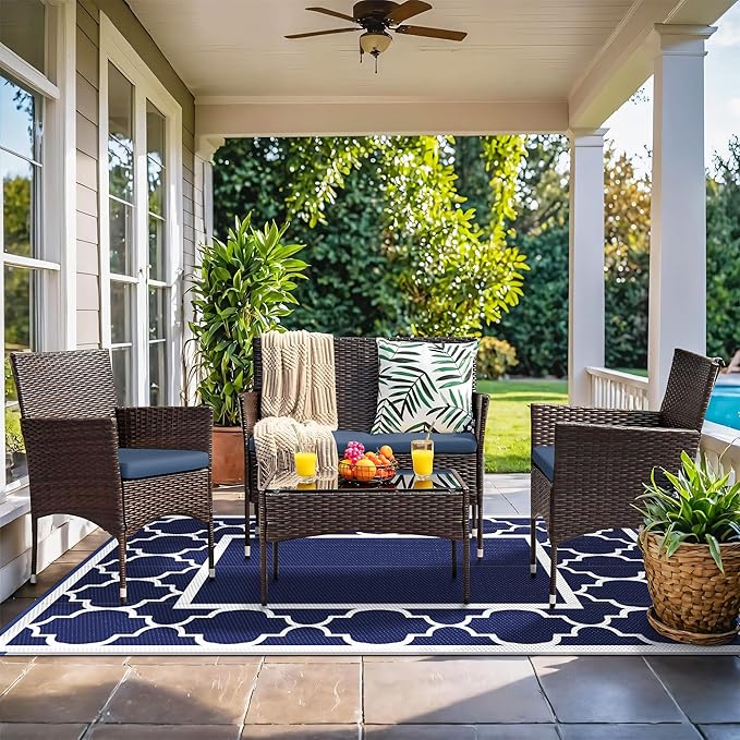 GENIMO 6' x 9' Outdoor Rug Waterproof for Patio Fall Decor, Foldable Reversible Plastic Straw Area Rugs Mat for Camper, Outside Carpet for Rv, Deck, Porch, Picnic, Beach, Balcony, Blue & White