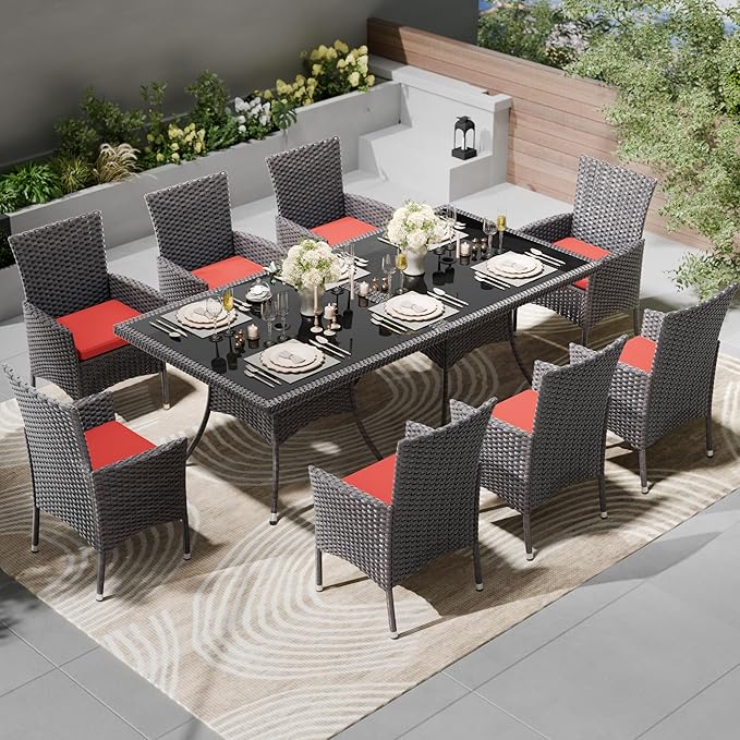 Kullavik 10-Piece Outdoor Dining Set Patio Rattan Furniture Set,Patio Dining Table and Chairs Set with 8 Chairs and Cushions,Square Glass Tabletop with Umbrella Hole for Patio,Red