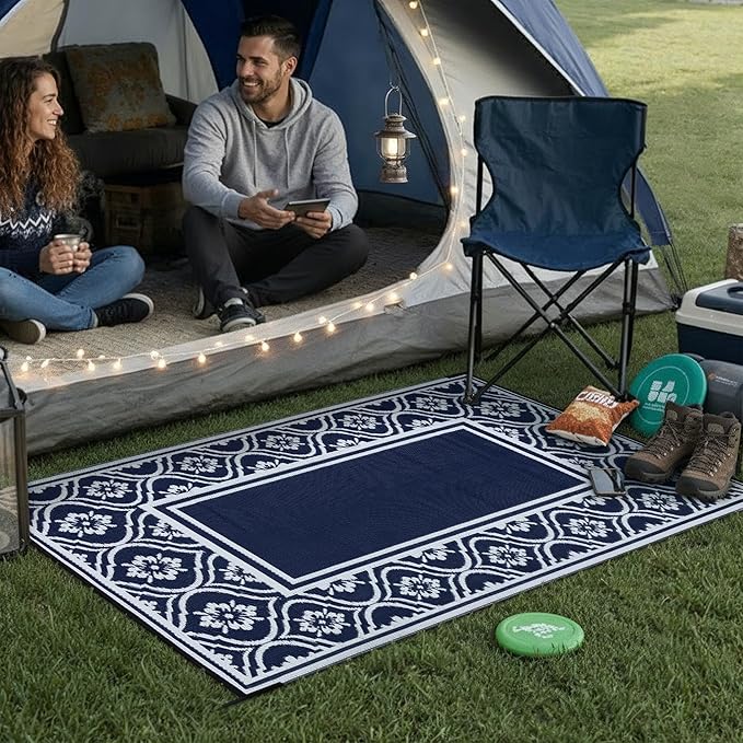 HUGEAR Outdoor Patio Rug 3'x5' Waterproof Outside Area Rugs Blue Reversible Plastic Straw Carpet for RV Deck Camping Entryance Porch Picnic Balcony Beach