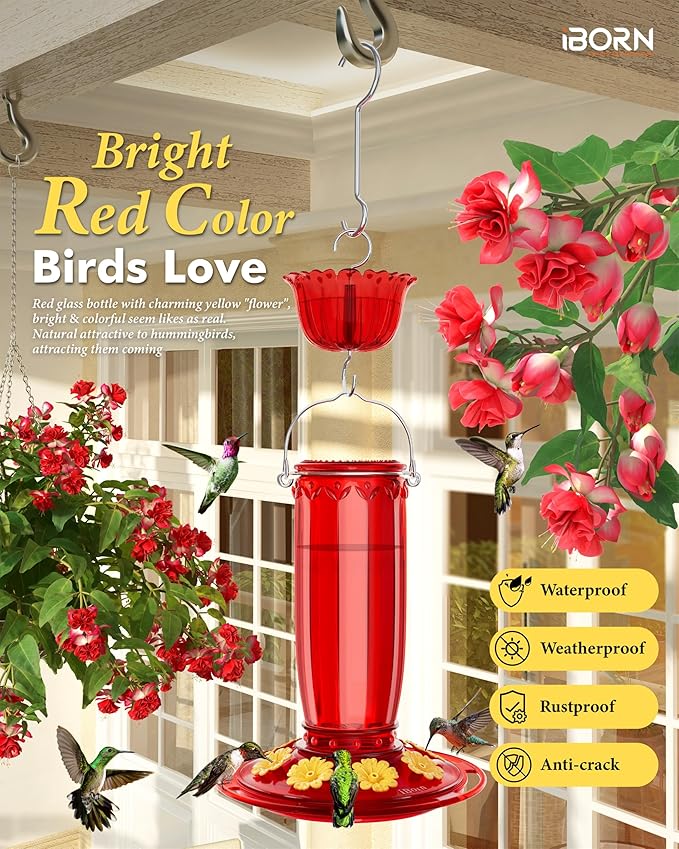 iBorn Hummingbird Feeder for Outdoors Hanging with Ant Moat for Hummingbird Feeder 8 Ports for 16oz Hummingbird Nectar, Pack of 2, Red Bottle Red Base & Fuchsia Bottle Fuchsia Base