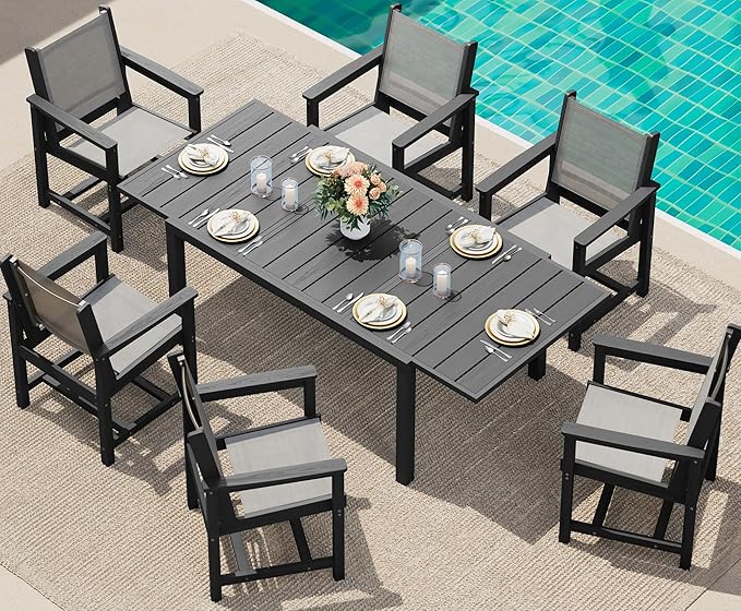 SERWALL 7-Piece Patio Dining Sets, 60" - 83" Expandable Outdoor Dining Table with 6 Breathable Textilene Chairs, All Weather HDPE Patio Furniture Set for Backyard, Garden, Black