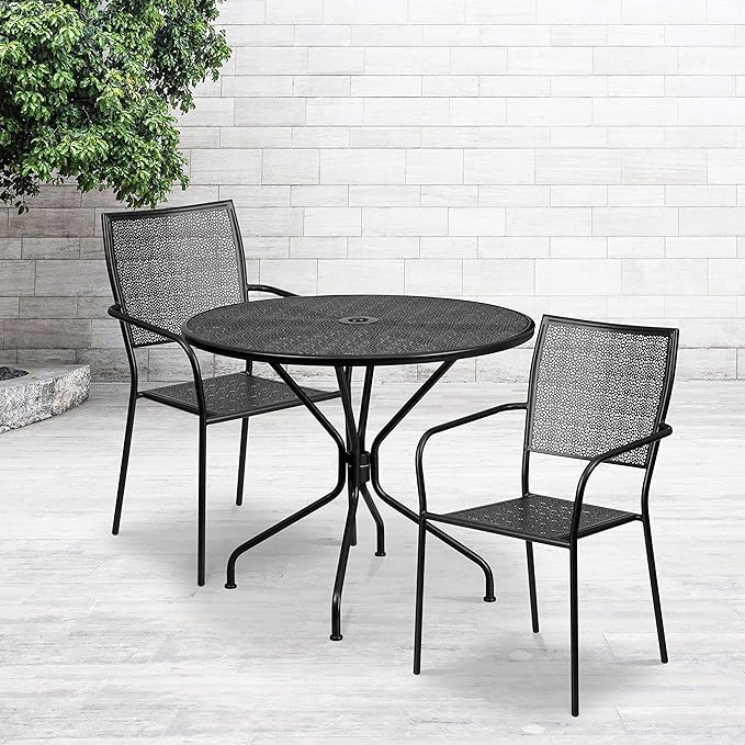 Flash Furniture Commercial Grade 35.25" Round Black Indoor-Outdoor Steel Patio Table Set with 2 Square Back Chairs